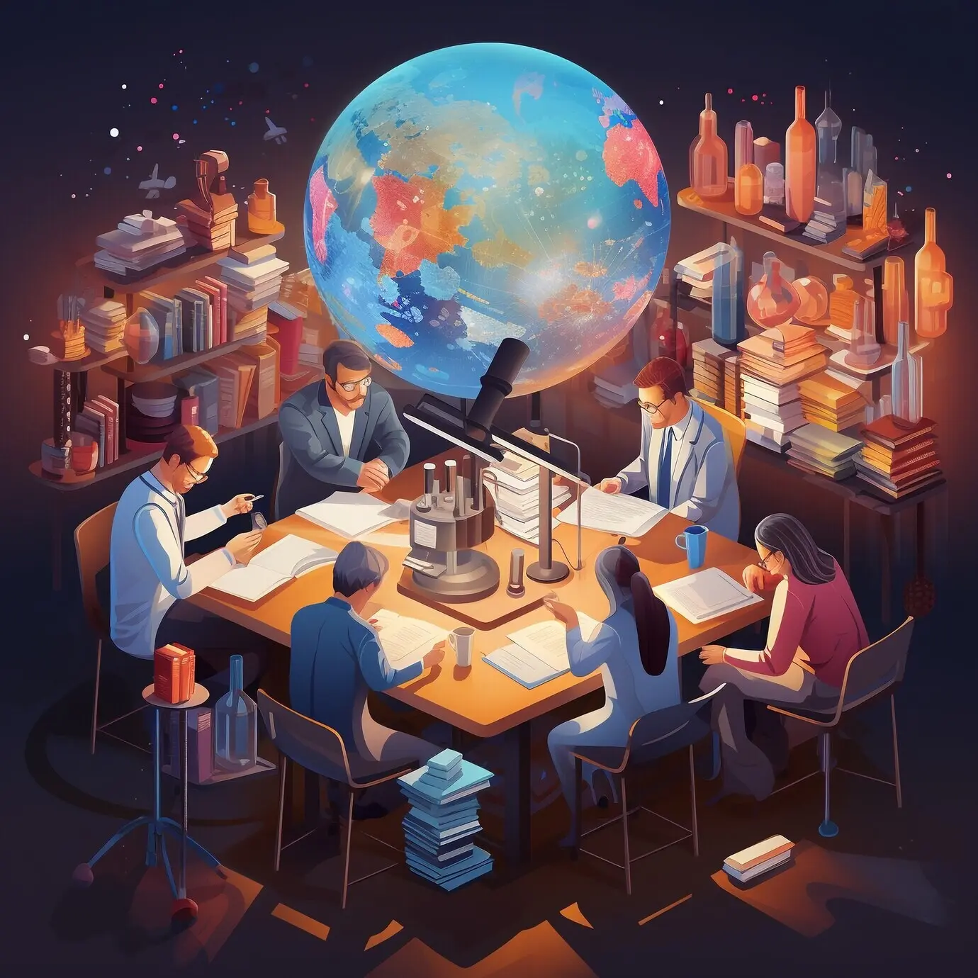 3D мультипликационная сцена, изображающая различных людей, одновременно выполняющих несколько задач.