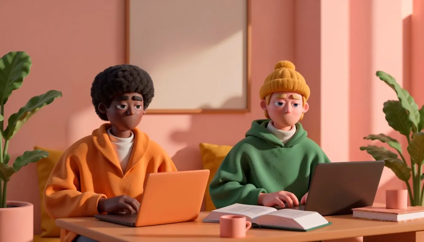 Студенты учатся вместе с ноутбуками и книгами.